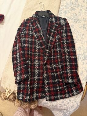 Zara Long Double-Breasted Plaid Blazer - Red, Black & White
